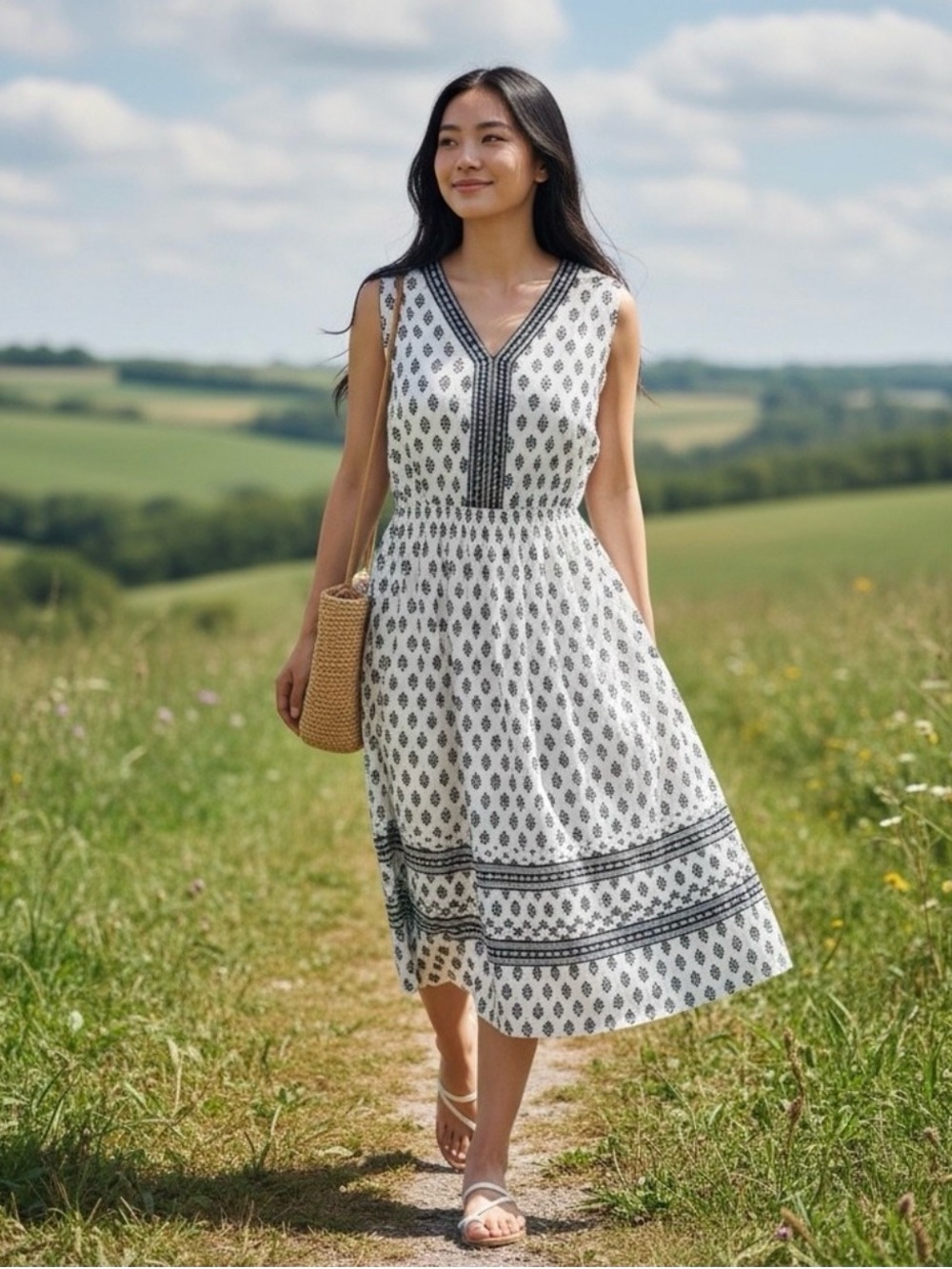 Pure Jill Sleeveless V-Neck Midi Dress Cream & Black size 4X - Picture 5 of 5